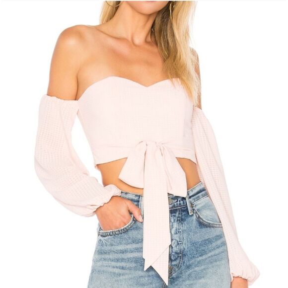 NWT REVOLVE by The Way Off The Shoulder Gingham Boned Crop w/tie in Light Pink - Picture 3 of 11
